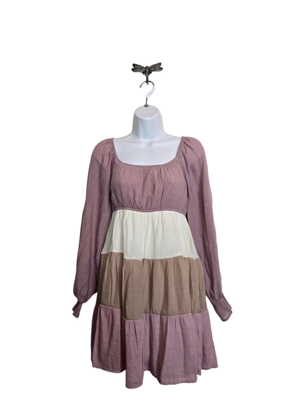 Sweet Wanderer Boho Colorblock Mini Dress Pink Cream Taupe Long Sleeve Size S